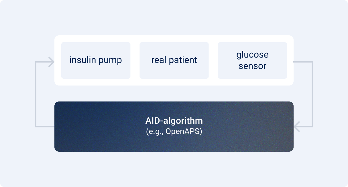 The closed loop process contains the insulin pump, the real patient, the glucose sensor and the algorithm.