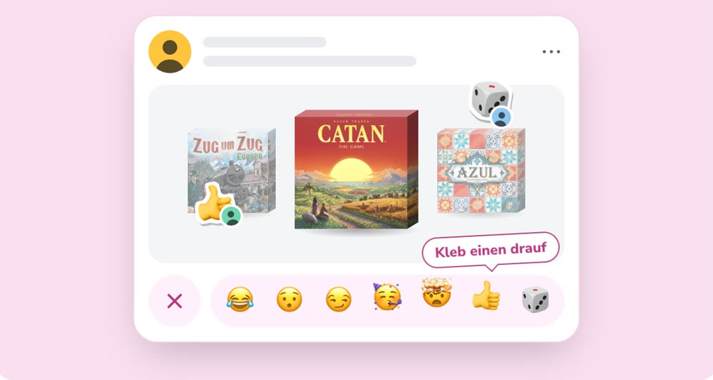 A feed card with three games a friend added, and a row of emoji stickers below it.