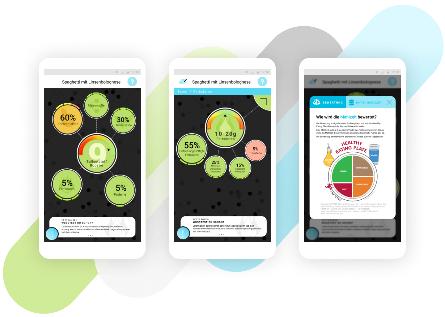 Three different screenshots of the final prototype showing the main overview of a meal with it's rating, secondly, one information layer deeper, showing the ratios of the different fat acids. Last, the third screen is showing an explanation about the meal is rated, showing a figure of the so called healthy-eating plate